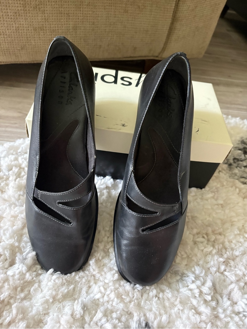Clarks Black Leather Women's Slip-On Heels